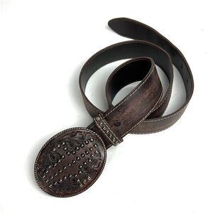 JOSE LUIS Spain Vintage Brown Leather Studded Etched Leather Buckle Belt size 34
